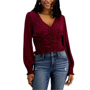 Crave Fame Womens Plaid Smocked Knit Blouse - 1 of 1