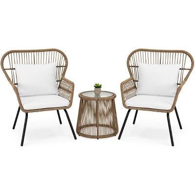 Barton 3 Pieces Outdoor Patio Wicker Chat Conversation Bistro Set (2) Chairs and Table, Beige
