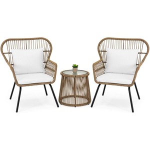 Barton 3 Pieces Outdoor Patio Wicker Chat Conversation Bistro Set (2) Chairs and Table, Beige - 1 of 4