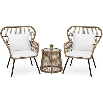 Barton 3 Pieces Outdoor Patio Wicker Chat Conversation Bistro Set (2) Chairs and Table, Beige