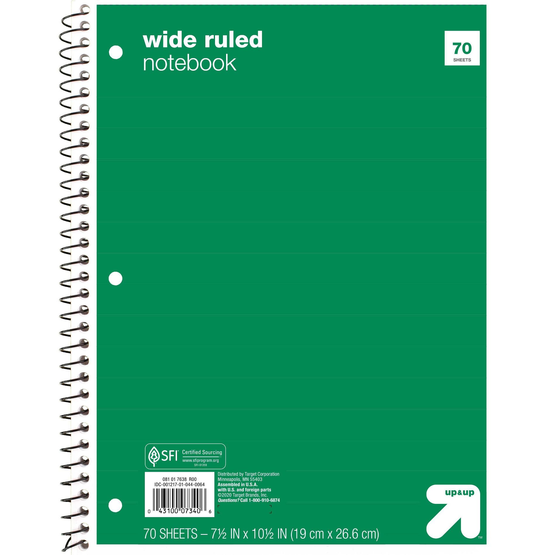 Wide Ruled Green 1 Subject Flexible Paperboard Cover Spiral Notebook - up&up™: 70 Pages, 3 Hole Punched, Tween Stationery