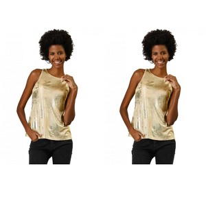 Allegra K Women's Party Shiny Sleeveless Keyhole Back Club Metallic Tank Top 2 Packs - 1 of 4