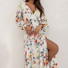 Coolmee Women's Maxi Dresses Wrap Deep V Neck Long Sleeve Floral Print Casual Dresses Slit Elastic Waist A Line Flowy Maxi Dresses L White - 2 of 4