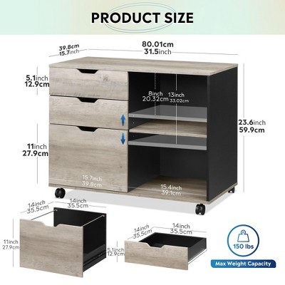 Greige 3-Drawer Wood Mobile Filing Cabinet with Open Shelves