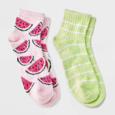 Women's Watermelon 2pk Cozy Quarter Crew Socks - Pink/Green 4-10: Midweight Velour Ribbed, Fruit Pattern
