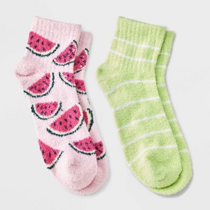 Women's Watermelon 2pk Cozy Quarter Crew Socks - Pink/Green 4-10 - 1 of 3