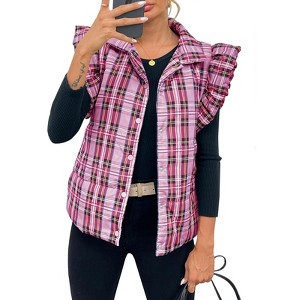 Imily Bela Womens Plaid Puffer Ruffle Sleeveless Lightweight Quilted Vest Fall Winter Padded Gilets Coats - 1 of 4