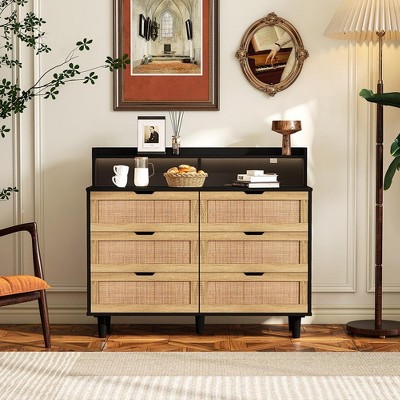 Garvee 6 Drawer Dresser with LED Light Black Modern Wooden Storage Cabinet with USB and AC Ports
