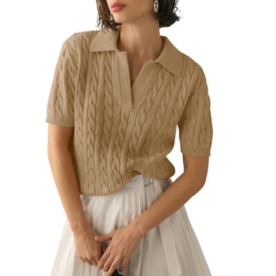 Womens Short Sleeve Sweater Tops Polo Collar Sweater Knitted Tops Cable Knit Sweater