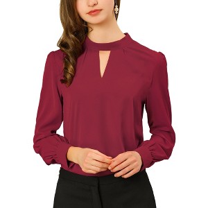 INSPIRE CHIC Women's Office Keyhole Elegant Stand Collar Long Sleeve Back Neck Button Blouse - 1 of 4