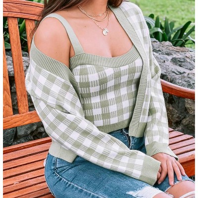Women's Gingham Cropped Tank And Sweater Set - Blue Blush