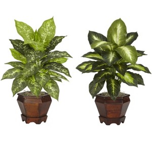 Nearly Natural Dieffenbachia with Wood Vase Artificial Plant (Set of 2), Assorted - 1 of 4