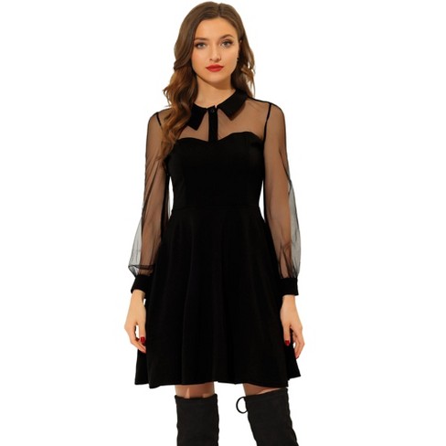 Fit and Flair Mini Dress - Long Sleeves and Flared Skirt in Black