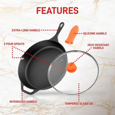 NutriChef 12'' Pre-Seasoned Nonstick Cast Iron Fry Pan with Lid and Silicone Handle