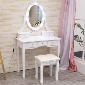 Modern Makeup Vanity, Girls Vanity Set with Lighted Mirror and Cushioned Stool - 1 of 4