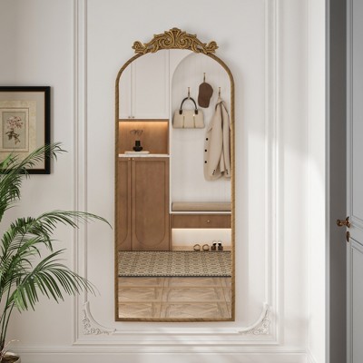 Runesay Arched Full Body Mirror with Vintage Ornate Carved Applique on Top, Hanging Wall Mounted Mirror