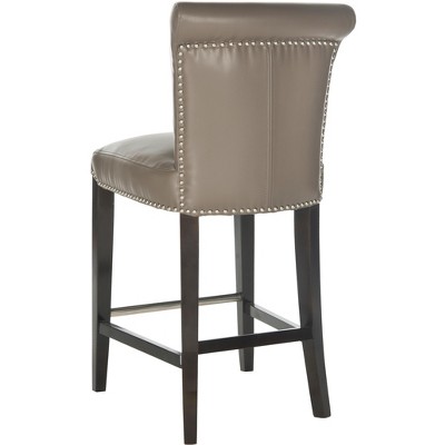 Transitional Clay Gray Leather and Wood Counter Stool
