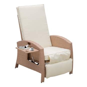 Outsunny Patio Recliner, Outdoor Reclining Chair with Flip-Up Side Table, All-Weather Wicker Metal Frame Chaise with Footrest, Cushions