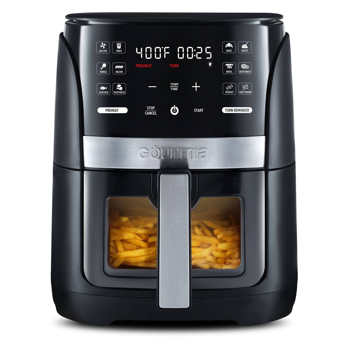 Gourmia 6qt Digital Window Air Fryer with 12 Presets & Guided Cooking Black: Stainless Steel, 1-Year Warranty