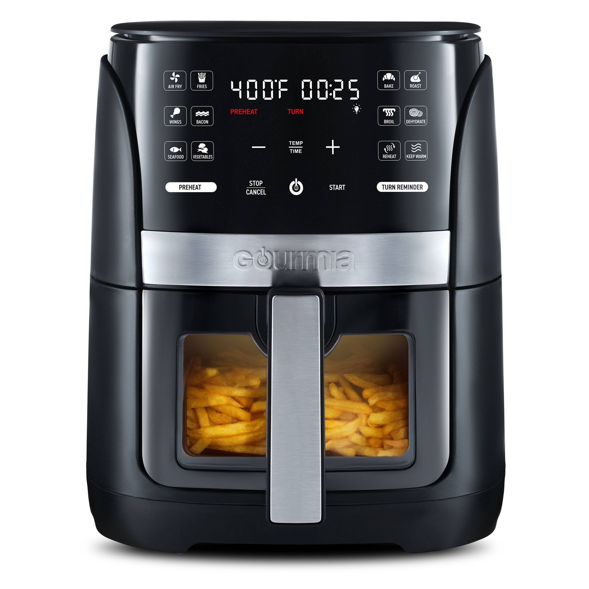 Gourmia 6qt Digital Window Air Fryer with 12 Presets & Guided Cooking Black: Stainless Steel, 1-Year Warranty
