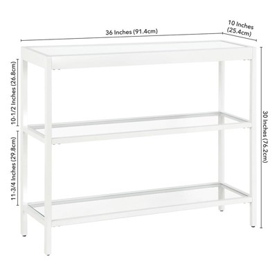 Streamlined White Metallic 36" Console Table with Tempered Glass Shelves