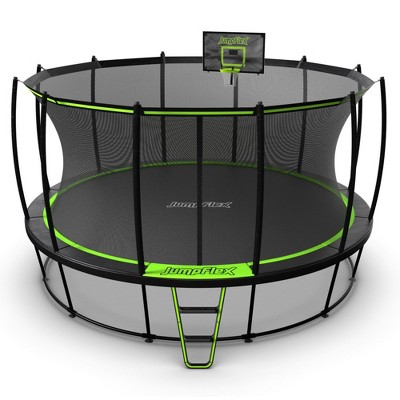JumpFlex HERO 15' Trampoline with PROJAM Hero Basketball Hoop and Net Attachment for Kids Outdoor Play with Enclosure Net and Ladder