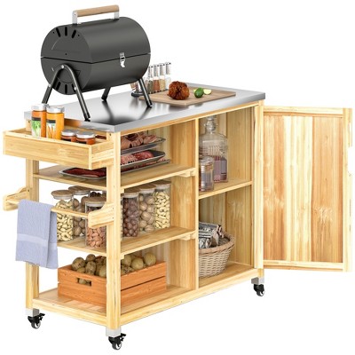Outsunny Outdoor Grill Cart with Wheels and Storage Cabinet, Solid Wood Outdoor Kitchen Island with Stainless Steel Top, Natural Wood