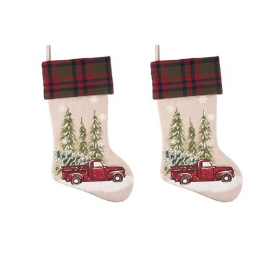 Plaid Cuff Beige Polyester Christmas Stocking Set