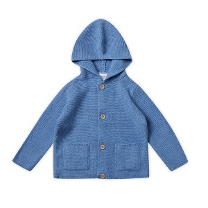 Stellou & Friends 100% Cotton Hood Unisex Cardigan for Babies and Children Ages 0-6 Years - Ocean Blue Melange / 0-3 Months - 1 of 3