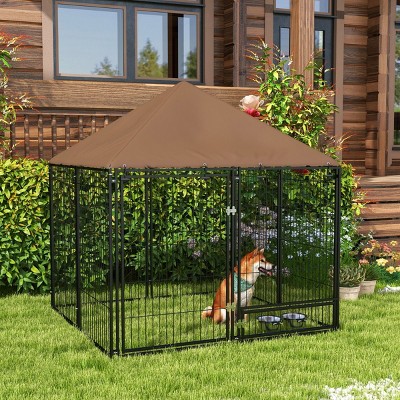 Outdoor Dog Kennel with Roof 59'' Heavy Duty Pet Playpen with Rotating Feeding Bowls Weather Resistant Canopy for Backyard - LAOTIES