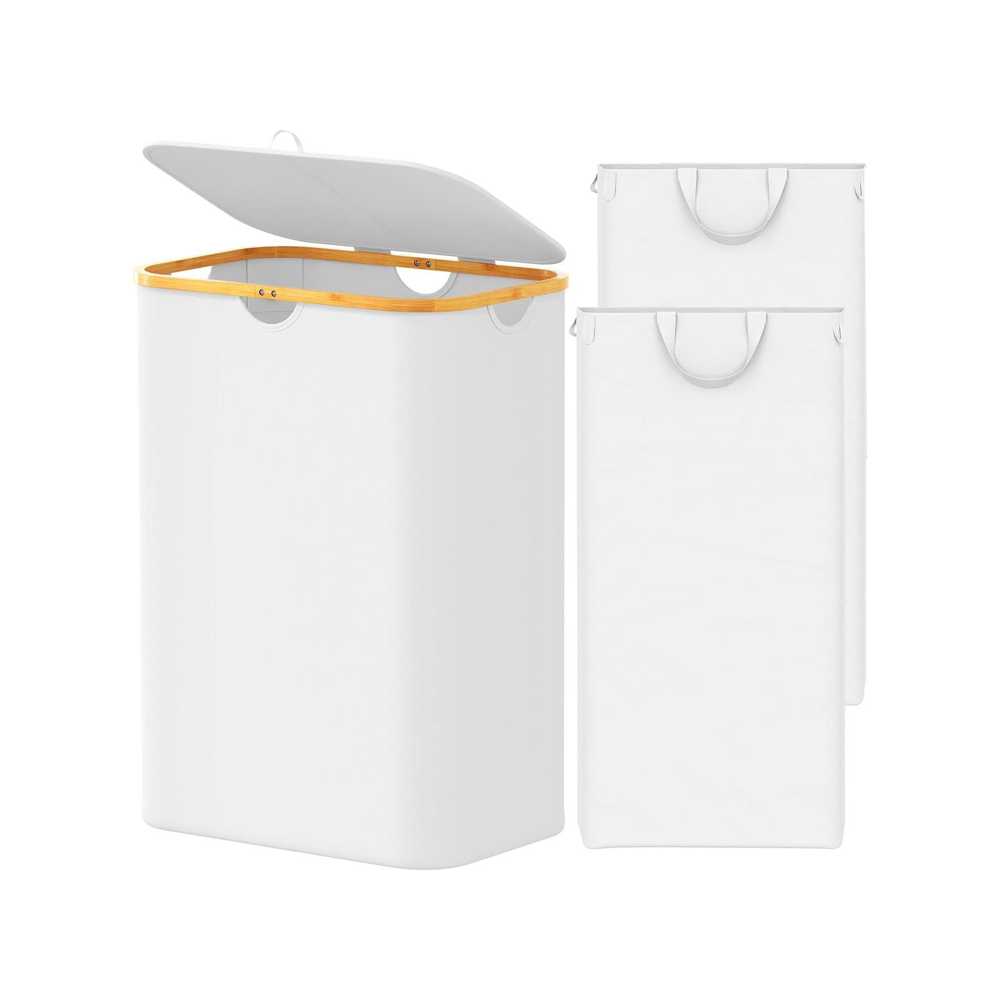 Laundry Hamper 2-compartment with 2 Removable Bags, 160L Collapsible Basket with Lid and Bamboo Handles – SpaceAid