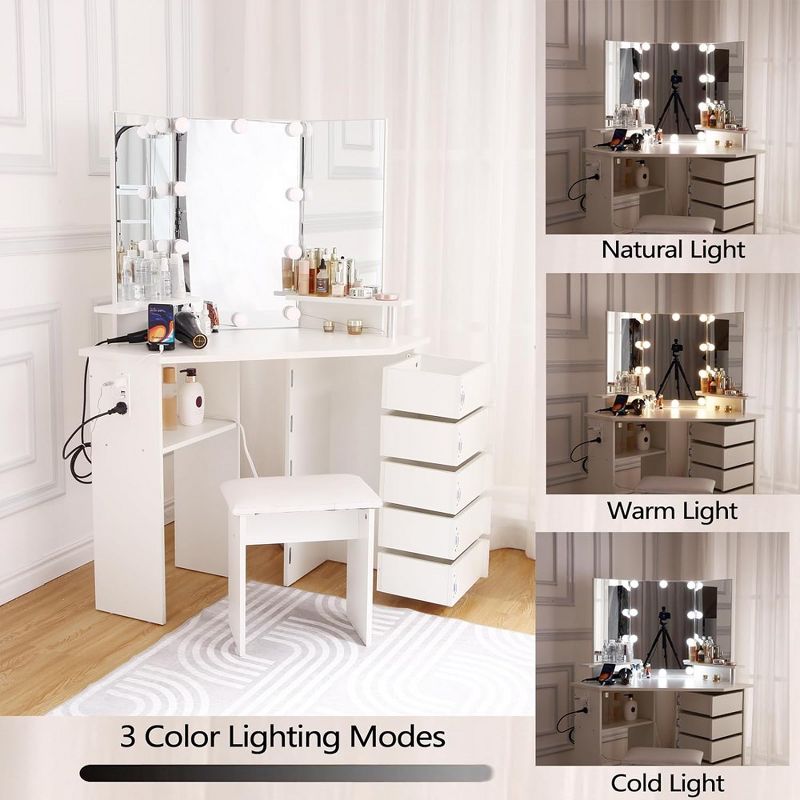 Makeup Vanity Desk with Lights & Power Outlet, Corner Vanity Table with 5 Rotating Drawers,Shelves and Stool, 3 of 8