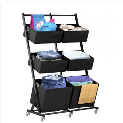 Wikineon 3 Tier Metal Rolling Laundry Basket Cart, Adjustable Freestanding Laundry Hamper with 6 Storage Baskets, Laundry Clothes Storage Cart