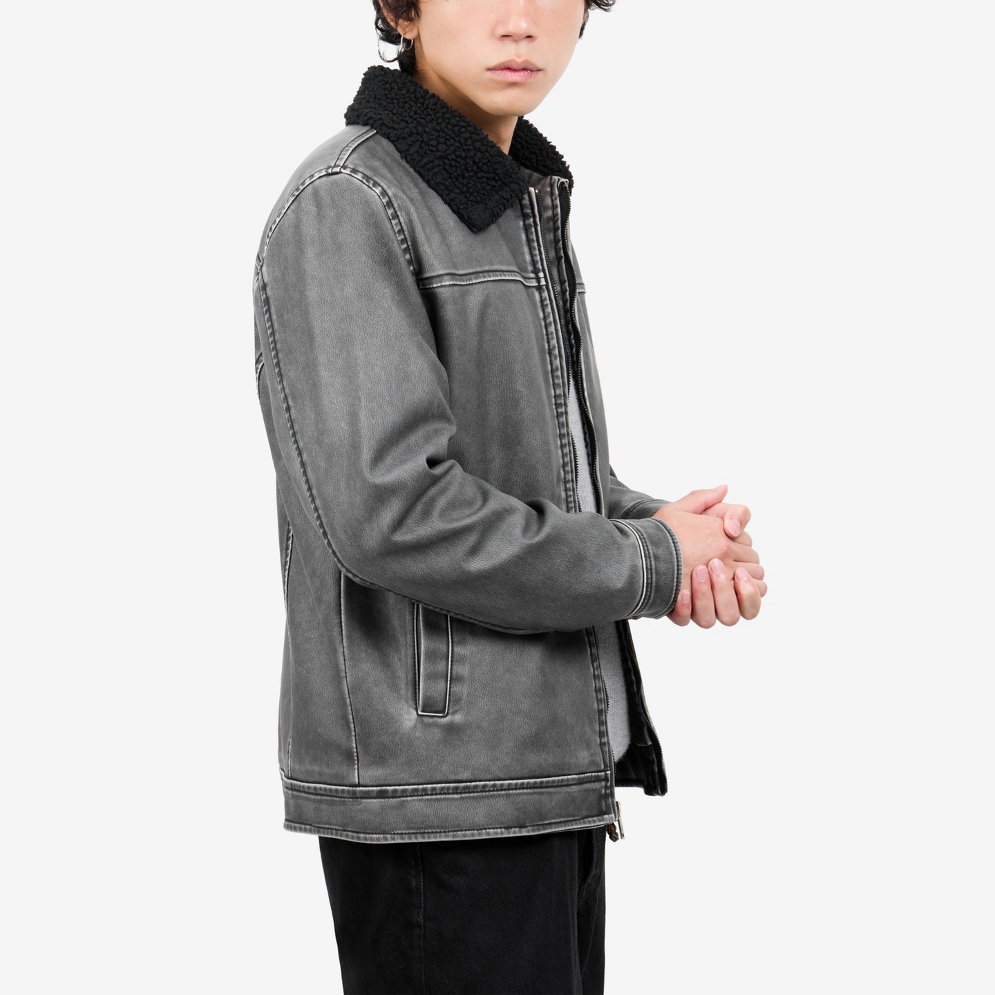 Мужская куртка X RAY Brushed PU Jacket Self Collar With Faux Shearling Lining in Black, цвет: Чёрный — фото 3