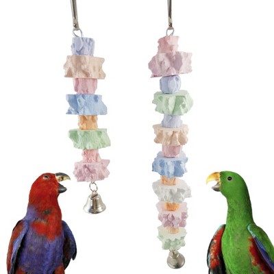Colorful ground calcium stone parrot chew toy with bell, metal hook, birdcage accessories