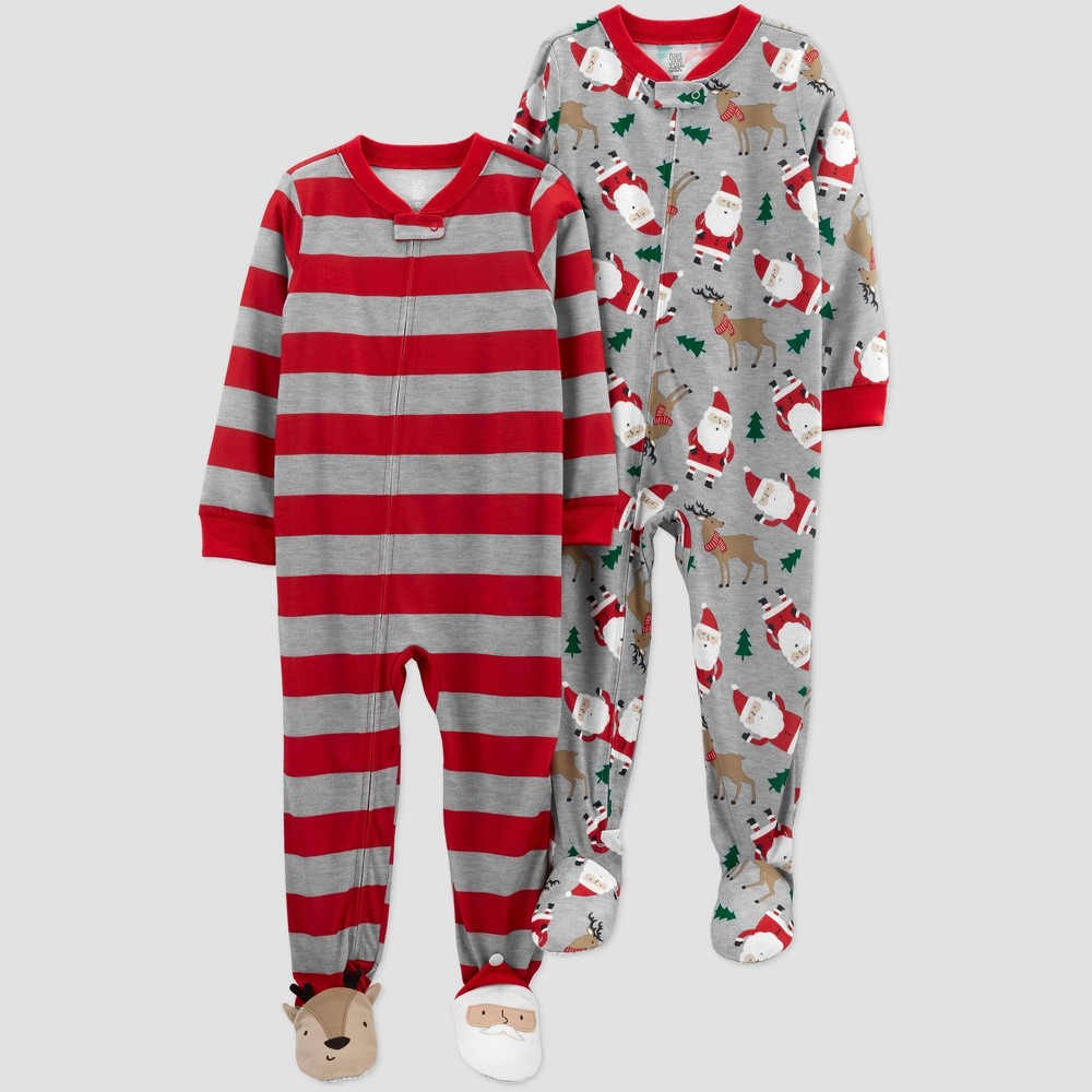 size 12M Baby Boys' 2pk Striped Santa Footed Pajama - Just One You made by carter's Red/Gray 