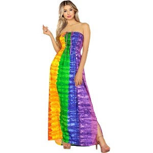 HAPPY BAY Women's Summer Beach Maxi A Line LGBTQ Pride Flag Rainbow Stripe Slit Party Strapless Tube Top Dress One Size Multi, Stripes - 1 of 4