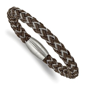 Black Bow Jewelry 8mm Stainless Steel & Brown Rubber Braided Wire Bracelet, 8.5 Inch - 1 of 4