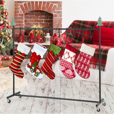 Angel Sar 46" Freestanding Christmas Stocking Holder Stand, 10 Removable Hooks + 6 Toppers, 300lb Capacity with Locking Casters, Black