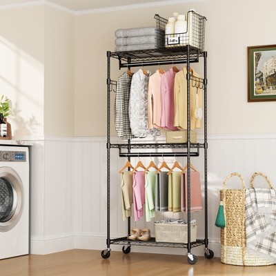 Lycvki Black 3 Tiers Adjustable Rolling Freestanding Clothes Rack with Shelves