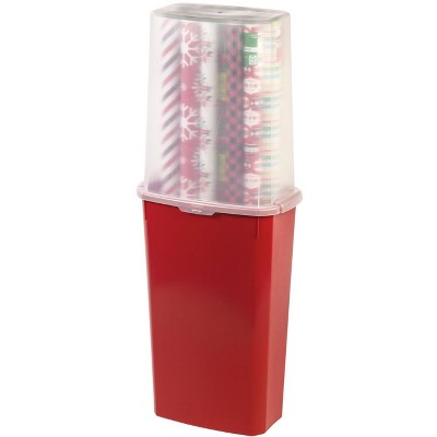 IRIS USA 40 20 Rolls Wrapping Paper Storage Container, Clear/Red