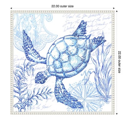 Coastal Sketchbook Turtle Blue Ink Canvas Wall Art with White Frame