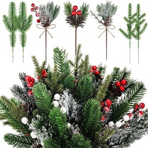 60 Pcs Christmas Floral Picks Artificial Holly Red Berry Twig Stem Pine Snowy Cone Branches Garland Bulk - 1 of 4