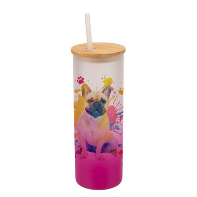 100 North 25 Ounce Frosted Glass Gradient Travel Tumbler With Straw & Wooden Lid, French Bulldog Paint Splatter Pink