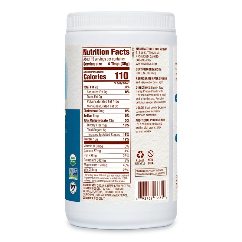 Nutiva Organic Vegan Hemp Protein Powder - Vanilla - 16oz, 3 of 4