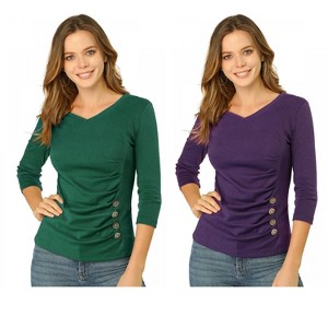 INSPIRE CHIC Women's V Neck 3/4 Sleeves Solid Knitted Buttons Decor Ruched Blouse 2 Packs - 1 of 4