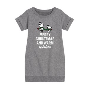 - Peanuts - Charlie Brown & Snoopy Merry Christmas Warm Wishes Graphic Short Sleeve Fleece Dress - 1 of 4