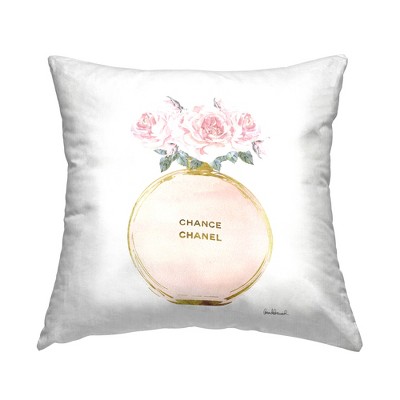 Stupell Industries Pink and Gold Round Perfume Bottle with Roses Printed Pillow, 18 x 18
