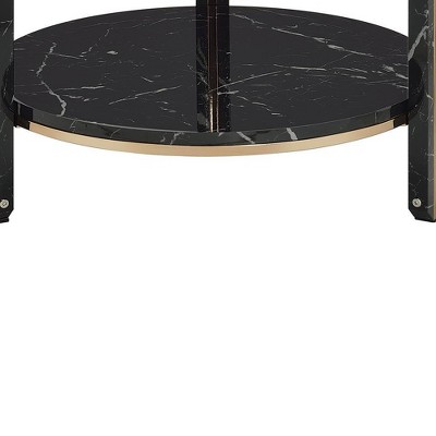 Round Glass and Faux Black Marble End Table with Champagne Trim