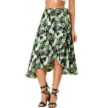 ALSLIAO Womens Silky Satin Midi Skirt High Waist Elastic Waist A Line Skirt  With Slit Green XL 